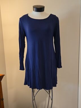 Simple Long Sleeve Swing Tunic Dress - Navy Blue